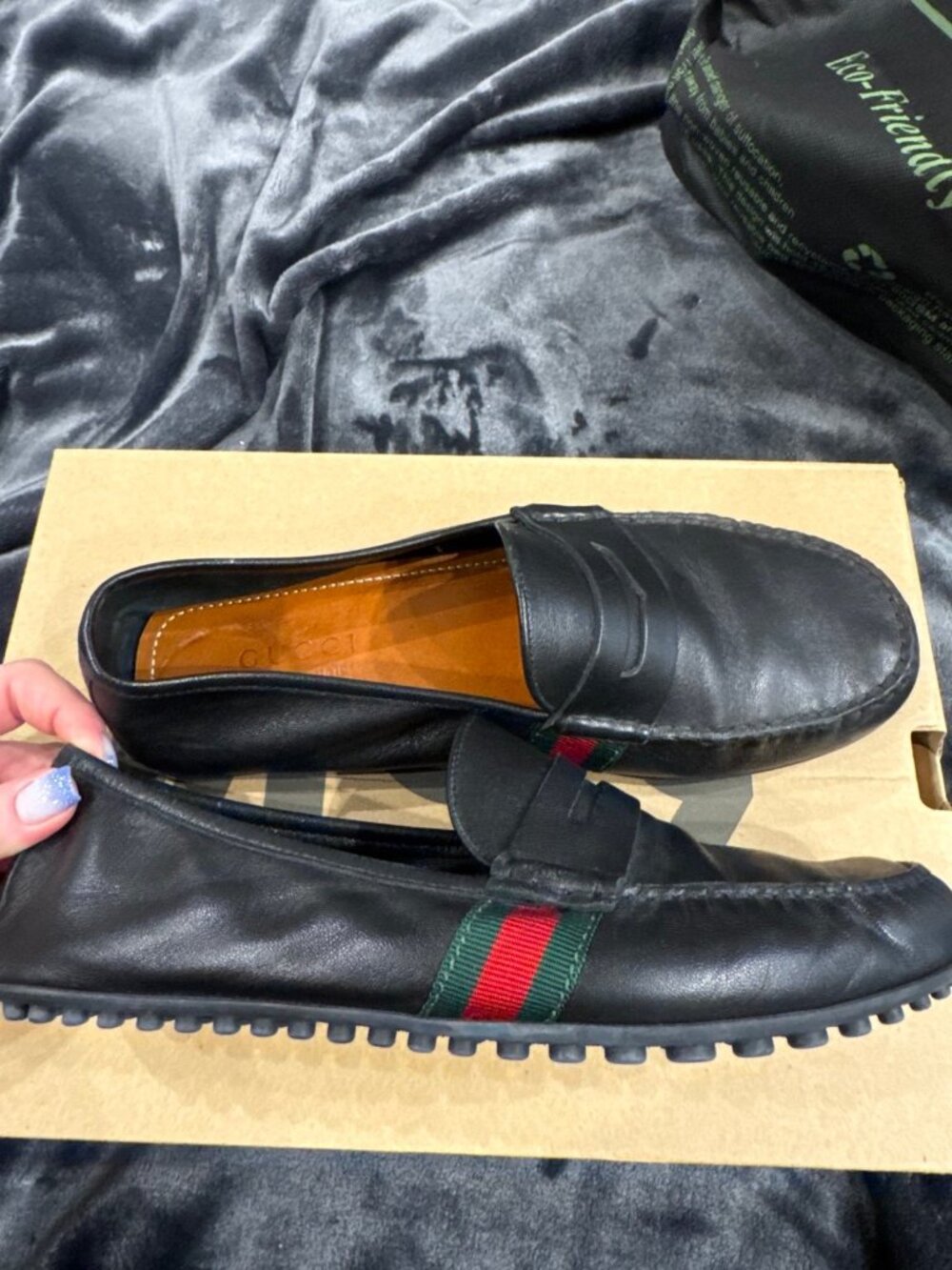 Gucci Men's Black Web Driver Leather Loafers